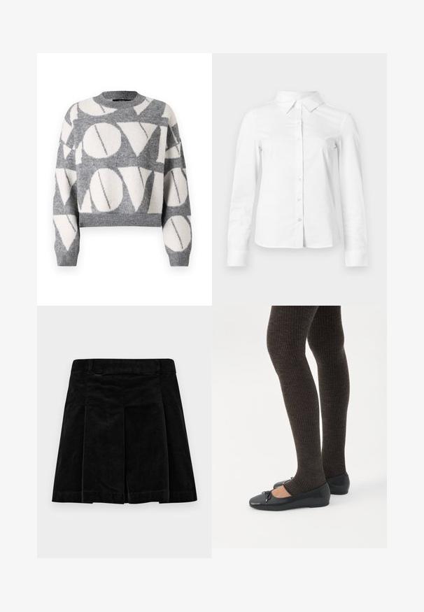 Vero Moda VMLOVE O NECK PULLOVER - Džemper - medium grey melange/birch solid; Valge pika varrukaga nööpidega särk terava krae, sirge ääre ja vormiva siluetiga, esitatud lihtsal heledal taustal.; Musthave riidest seelik, millel on volditud disain, sirge lõige, tekstureeritud pind ja kinnituv vöökoht kindla istuvuse tagamiseks.; Jalad seljas tumedad soonelises soonelises kombines mustade baleriinadega, millel on väikesed paelade detailid valgel taustal.