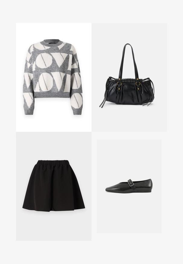 Vero Moda VMLOVE O NECK PULLOVER - Striktrøje - medium grey melange/birch solid; Sort nederdel med elastik i taljen, A-formet silhuet og knælængde, ensfarvet design, vist fladt mod hvid baggrund.; Sorte læder flade sko med spidse tæer, prydet med en metallisk spænde over vristen og en lav, fleksibel sål.; Sort læderhåndtaske med rund form, dobbelte hanke, dekorative hardware-detaljer og snøre på siden. Glat, blank overflade.