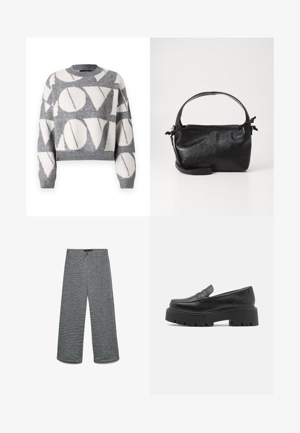Vero Moda VMLOVE O NECK PULLOVER - Striktrøje - medium grey melange/birch solid; Bukser med vide ben i et tekstureret gråt strikket stof. Har en høj talje og lige ben, hvilket giver en afslappet pasform hele vejen.; Sorte læder loafers med en lav, grov gummi sål, syede detaljer på overdelen og en glat overflade.; Sort læderhåndtaske med et struktureret design, rund tophåndtag og aftagelig skulderrem. Den har en glat tekstur og en subtil glans.