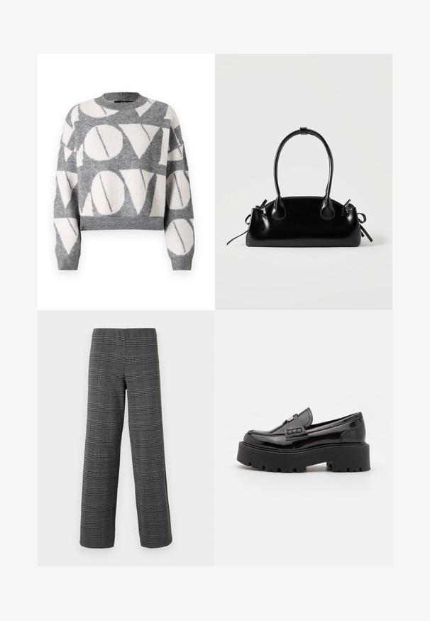 Vero Moda VMLOVE O NECK PULLOVER - Svetrík - medium grey melange/birch solid; Vero Moda VMBERLIN WIDE PANT - Nohavice - dark grey/black; Madden Girl CALISTA - Našuchovačky - black; Malá čierna lesklá kabelka s dvoma dlhými rúčkami a bočnými šnúrkovými detailmi na jednoduchom svetlom pozadí.