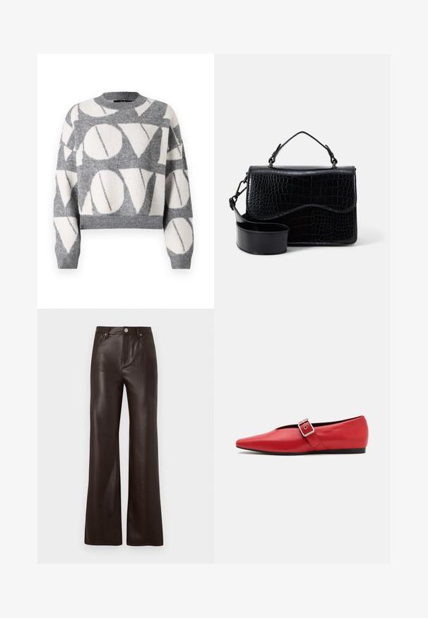 Vero Moda VMLOVE O NECK PULLOVER - Svetrík - medium grey melange/birch solid; Vero Moda Wide-leg VMTESSA High rise - Nohavice - chocolate torte; Červená kožená balerína s špicatou špičkou, vybavená bočným popruhom s kovovou prackou a nízkym čiernym podpätkom. Hladká textura po celom povrchu.; Čierna crossbody taška z faux kože s textúrovaným krokodílím vzorom, s hornou rukoväťou a nastaviteľným popruhom. Vlastnosť: zatváranie na zakrivený klapku.