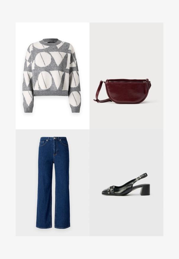Vero Moda VMLOVE O NECK PULLOVER - Svetrík - medium grey melange/birch solid; Široké denimové džínsy v tmavomodrej farbe, s klasickým piatym vreckom, jemným prešívaním a kovovým gombíkom na zapínaní v páse.; Čierne kožené lodičky so špicatou špičkou, štruktúrovaný popruh s kruhovými kovovými akcentmi a s blokovým podpätkom.; Kožená kabelka bordovej farby v tvare polmesiaca, so zipsovým zatváraním a odnímateľným popruhom. Hladká textúra s jemným leskom.