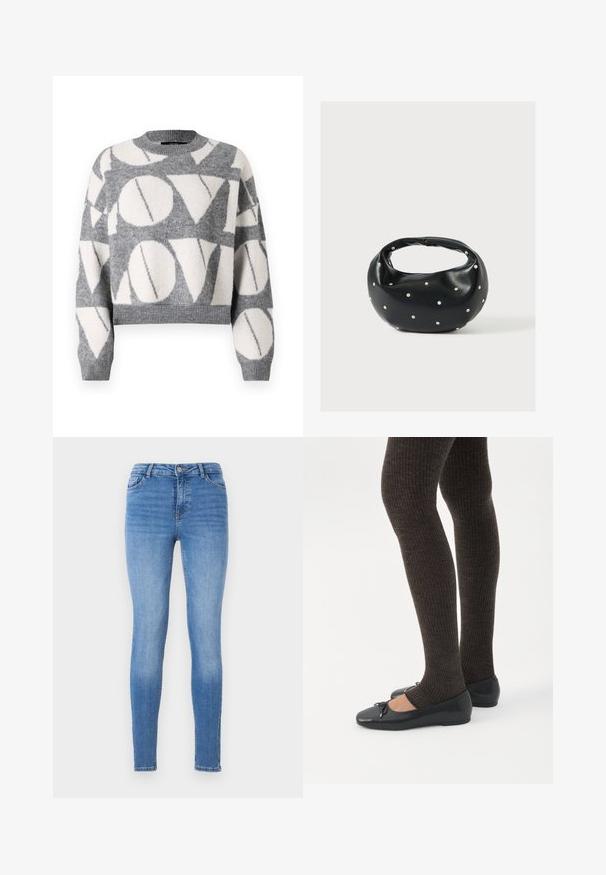 Vero Moda VMLOVE O NECK PULLOVER - Svetrík - medium grey melange/birch solid; Úzke denimové nohavice svetlomodrej farby s polovičným pásom, dizajnom s piatimi vreckami a tónovými švami s hladkým povrchom.; Nohy v tmavých pásikavých legínach v kombinácii s čiernymi balerínkami s malými mašličkami na bielom pozadí.; Čierna kožená kabelka s zaobleným tvarom, zdobená striebornými cvočkami a krátkym rúčkou. Hladká textúra a zapínanie na zips.