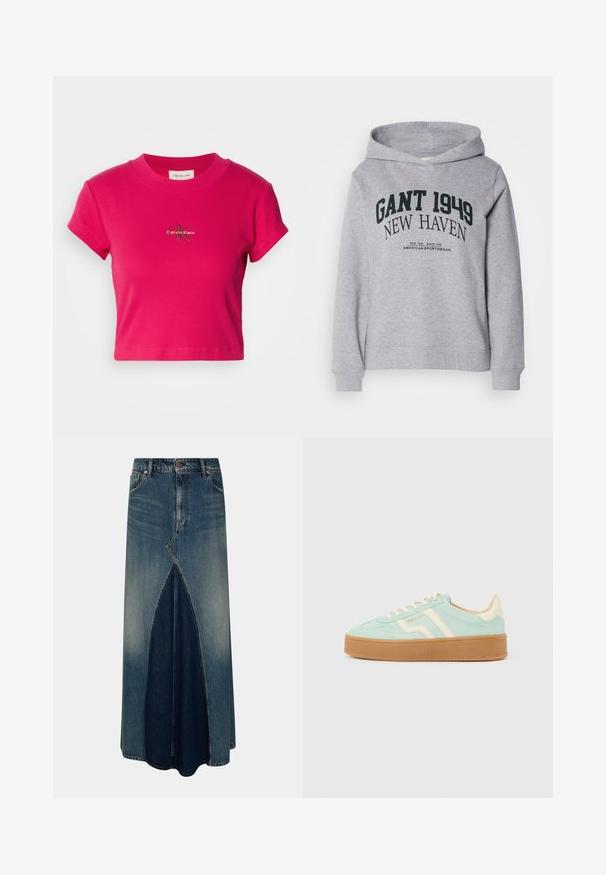 Hele hall värvi kapuutsiga jakki, millel ees tekst "GANT 1949 NEW HAVEN" ja väiksem tekst "American Sportswear" allpool, pika varrukaga ja kapuutsiga.; Heled roosa lühem t-särk lühikeste varrukatega, mille keskel on väike Calvin Kleini logo. Selge valge taust rõhuasetuseks.; Sinine denim maxi-seelik esi inversse pleatsiga, vöökohtadega, nupuga ja tõmblukuga kinnitamine ning pleekinud pesu detailidega.; Mintrohelist värvi madala säärega nänniluist king rohelisest seemisnahast, kreemjad paelad ja triibud, pruun tald ning külje peal "GANT" logo.