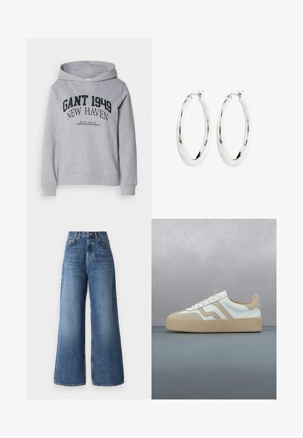 Svetlosivá mikina s kapucňou a predným textom "GANT 1949 NEW HAVEN" s menším tlačeným textom "American Sportswear" pod ním, s dlhými rukávmi a kapucňou.; Vysokopásové rozšírené džínsy vyrobené zo svetlo modrého denimu, s klasickým piatym vreckom a jemným vyblednutím pozdĺž nohavíc.; Teniska s vrchným dielom z krémovej kože, svetlohnedými doplnkami a svetlo béžovou gumovou podrážkou. Má ploché šnúrky a jemné detaily loga na strane.; Strieborné kruhové náušnice s hladkým, lesklým povrchom. Obľúbený tvar, vybavené bezpečným zapínaním. Jednoduchý a elegantný dizajn.