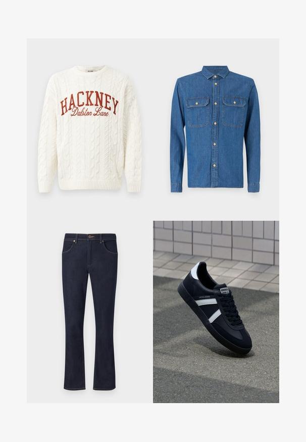 Witte kabelgebreide sweater met een ronde hals, met rode geborduurde tekst "HACKNEY" en "Dalston Lane" op de voorkant.; Denim shirt in donkerblauw, met lange mouwen en knoopmanchetten, puntige kraag, twee borstzakken en een knoopsluiting aan de voorkant met gouden hardware.; Donkerblauwe denim jeans met rechte pijpen, knoopsluiting aan de voorkant, riemlussen en voorzakken op een effen lichte achtergrond.; Zwarte leren sneaker met witte strepen, een gestructureerde rubberen zool en vetersluiting aan de voorkant. Voorzien van een merklabel op de tong.