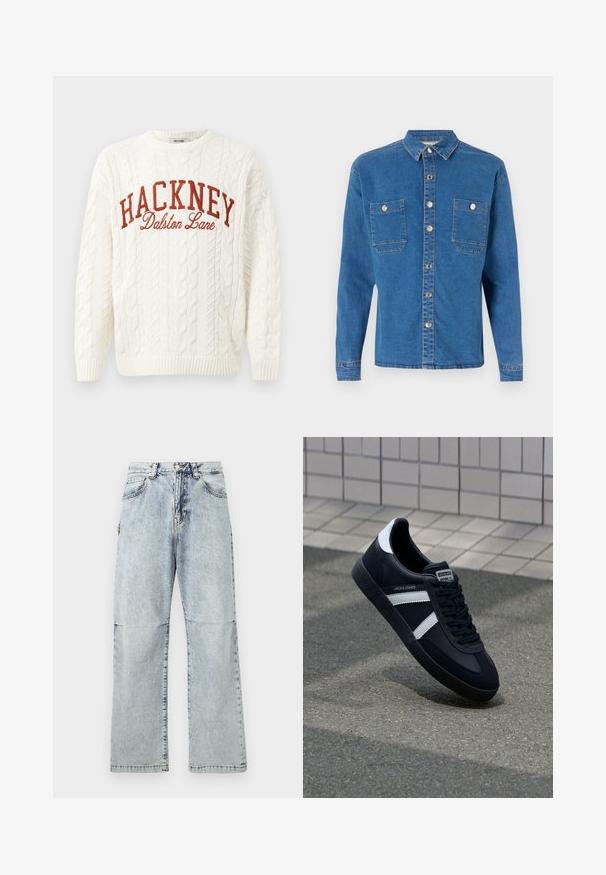 Valge õmbluste ja kudumiga sviiter ümmarguse kaelusega, mille esiküljel on punased tikkimistekstid "HACKNEY" ja "Dalston Lane".; Denim Project DPMDPLOOSE OVERSIZED DENIM SHIRT - Pluus - mid blue washed; Heledsinised teksapüksid mugava lõikega, pleekinud tekstuuriga, viie taskuga ja nööbilukuga vööl. Lamedad õmblused ja laiad sääred.; Must have musta sneaker musta valgete triipudega, tekstuurne kummitald ja nööridega esiosa. Omab bränditud märki keele peal.