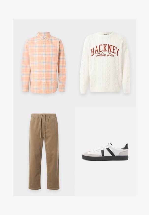 Pull en tricot blanc avec un col rond, arborant le texte brodé rouge "HACKNEY" et "Dalston Lane" sur le devant.; Chemise homme à manches longues boutonnée avec motif à carreaux pêche, crème et bleu, et une poche poitrine.; Pantalon en velours côtelé brun avec taille élastique et cordon de serrage, offrant une coupe décontractée et des jambes droites, surface texturée avec un motif côtelé.; Baskets blanches avec des accents noirs et gris, présentant un embout texturé gris, une semelle en caoutchouc noir et des lacets plats blancs. Design épuré, style minimaliste.