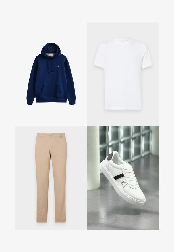 Marineblauer Kapuzenpullover mit Fronttasche, Kordelzug, gerippten Bündchen und kleinem, auf der linken Brust gesticktem Logo.; Weißes Baumwoll-T-Shirt mit Rundhalsausschnitt und kurzen Ärmeln. Mit einem kleinen, eingeprägten Logo auf der linken Brust. Glatte Textur.; Beige Baumwollhosen mit geradem Bein, ausgestattet mit einem vorderen Knopfverschluss, seitlichen Taschen und subtilen Texturdetails.; Weißer Ledersneaker mit schwarzen Akzenten, verfügt über ein Logo, flache Sohle und traditionelles Schnürdesign. Minimalistischer Stil und glatte Textur.