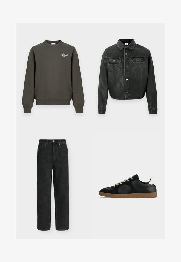 Sweat-shirt vert olive foncé à col rond avec manches longues et petit logo blanc "Maison Kitsuné" sur la partie supérieure gauche de la poitrine.; Veste en denim noire raccourcie avec fermeture à boutons, deux poches poitrine et pièces métalliques argentées. Elle présente un col classique et une texture douce.; Jean noir coupe droite avec taille haute, bouton et fermeture éclair à l'avant, poches latérales et arrière, présenté sur un fond clair uni.; Baskets basses noires avec détail blanc au talon, lacets beiges et semelle en caoutchouc marron, visibles de profil sur fond blanc.