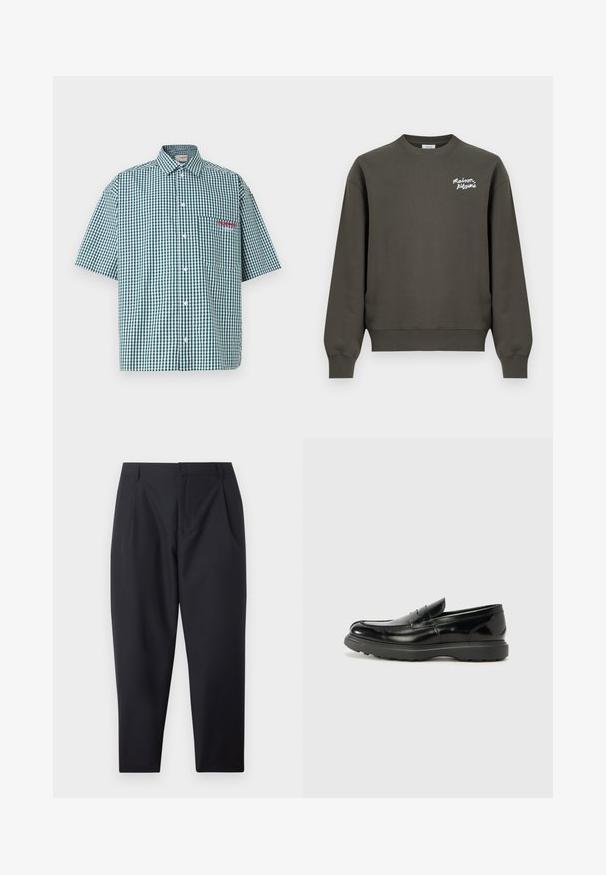 Sudadera verde oliva oscuro con cuello redondo, mangas largas y pequeño logo blanco "Maison Kitsuné" en el pecho superior izquierdo.; Camisa de manga corta en un patrón de cuadros a cuadros verdes y blancos. Presenta un cierre con botones, cuello y un bolsillo en el pecho con bordado rojo.; Pantalones negros de corte tapered con bolsillos laterales y trabillas para cinturón, mostrados planos sobre un fondo blanco.; Mocasín de cuero negro con un acabado brillante, punta redondeada, detalles de costura sutiles y una suela de goma gruesa para mayor durabilidad.