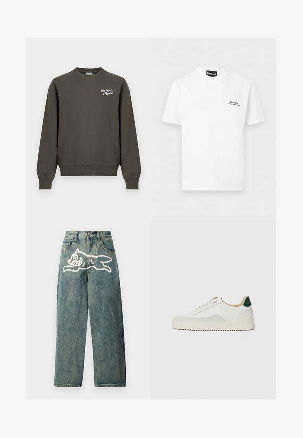 Sudadera verde oliva oscuro con cuello redondo, mangas largas y pequeño logo blanco "Maison Kitsuné" en el pecho superior izquierdo.; Camiseta blanca de manga corta de Barbour con pequeño logo de texto negro en el pecho izquierdo y etiqueta negra en el cuello sobre fondo liso.; Jeans de mezclilla de color azul claro con un ajuste holgado, que presentan un gran gráfico de un gato blanco en la pierna izquierda y un diseño tradicional de cinco bolsillos.; Zapatilla blanca con acentos de ante, puntera redondeada, cordones planos y suela de goma color crema. Presenta un logo verde en el talón.