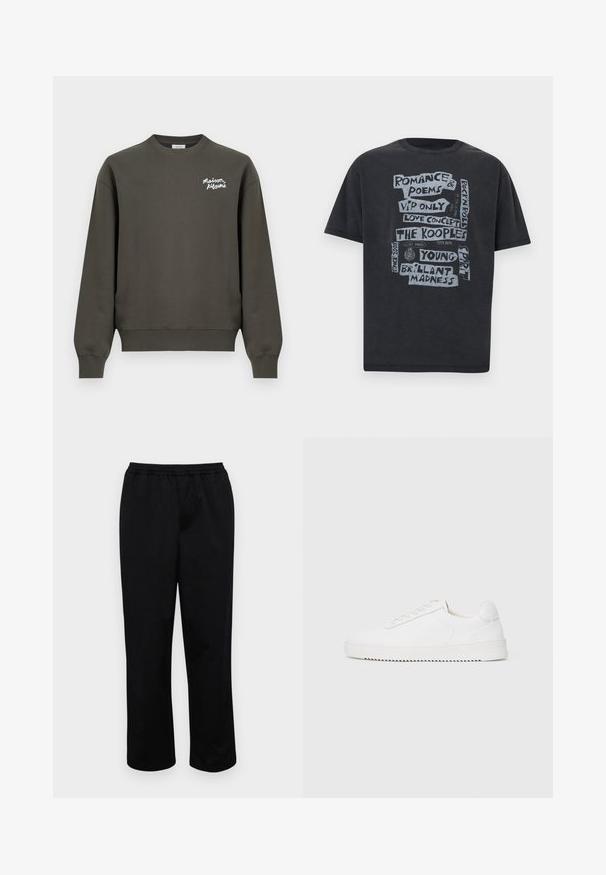 Dunkelolivgrünes Sweatshirt mit Rundhalsausschnitt, langen Ärmeln und kleinem weißem "Maison Kitsuné"-Logo auf der linken oberen Brust.; Schwarzes T-Shirt mit kurzen Ärmeln und grau handschriftlich wirkendem Text mit Phrasen wie "Romance & Poems", "VIP Only" und "The Kooples".; Schwarze, mittellange Hosen mit elastischem Bund. Aus glattem Stoff gefertigt, mit lockerem Schnitt und ohne sichtbare Taschen oder Verzierungen.; Weißer Sneaker mit einem Obermaterial aus glattem Leder, abgerundetem Zehenbereich, Schnürsenkeln, strukturierten seitlichen Akzenten und einer dicken Gummisohle. Minimalistisches Design.