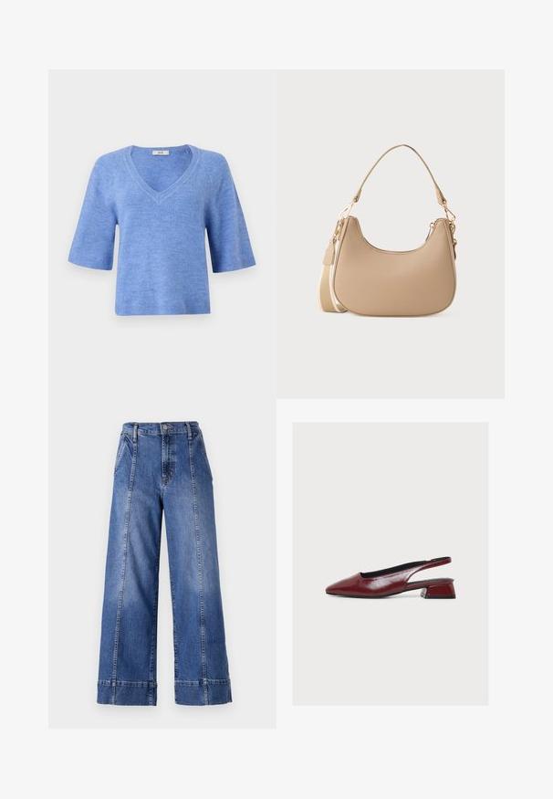 Pull à manches courtes et col en V de couleur bleu clair. Fabriqué dans un matériau doux avec des accents côtelés aux manches et à l'ourlet. Coupe décontractée, texture légère.; Jean en denim bleu à taille haute et jambes larges, avec une fermeture à bouton, des poches avant et des coutures visibles le long des coutures latérales.; Chaussure slingback en cuir bordeaux à bout pointu et petit talon bloc, présentée de profil sur fond blanc.; Petit sac à bandoulière beige avec un dessus arrondi, une longue bandoulière amovible et des fermoirs dorés sur fond blanc uni.