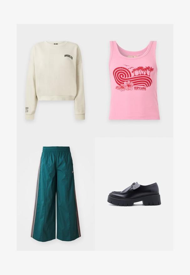 Kreemivärvi lühikeste varrukatega sweatshirt ribidega mansetid. Ees on musta värvi tikandiga "BROOKLYN" ja vasakul varrukal "NYC".; Roosa soonikkoeristusega topp, millel on punane lainete, palmipuude, lillede, lindude ja "RIP CURL" logoga graafika ning tekst "Heritage Surf Brand Since 1969."; Sinine laiad pükse elastse vöökoha ja roosa-valgete triipudega külgedel, valmistatud kergest kangast.; Mustad pakse kontsaga platvormiga loafer-poolsaapad paksu soonilise tallaga ja dekoratiivse sildiga paelal, kujutatud külgprofiilis valgel taustal.