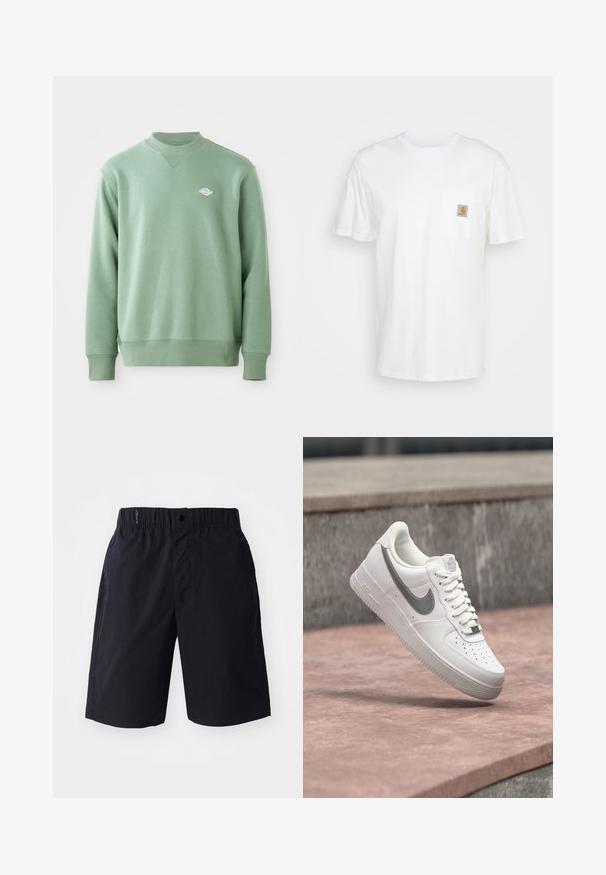 Sudadera de algodón verde claro con cuello redondo acanalado, mangas largas y un pequeño logo blanco en el pecho. Textura suave y corte clásico.; Camiseta de algodón blanca con mangas cortas, un bolsillo en el pecho y un pequeño parche cuadrado de logo en naranja y blanco en el bolsillo.; Pantalones cortos negros hechos de tejido ligero, con un frente plano, cintura elástica y bolsillos laterales. Diseño simple sin patrones.; Zapatilla blanca Nike Air Force 1 con logo swoosh gris flotando sobre una superficie de piedra y un fondo de pared de piedra gris.