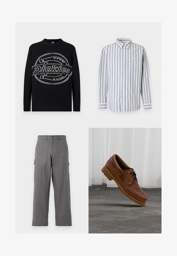 Schwarzer Pullover mit langen Ärmeln und großem weißem Dickies-Logo, das quer über die Brust gestrickt ist, mit gerippten Bündchen und Saum.; Herrenhemd zum Knöpfen mit grauen und weißen vertikalen Streifen, langen Ärmeln und einem kleinen Logo auf der Brust. Baumwollstoff, klassischer Kragen.; Graue Cargo-Hosen mit geradem Bein-Design, aus strapazierfähigem Stoff. Mit Seitentaschen und einem Knopfverschluss an der Taille.; Brauner Leder-Bootsschuh mit schwarzen Schnürsenkeln, beigen Nähten und einer robusten Sohle, schwebt über einem grauen Betonboden.