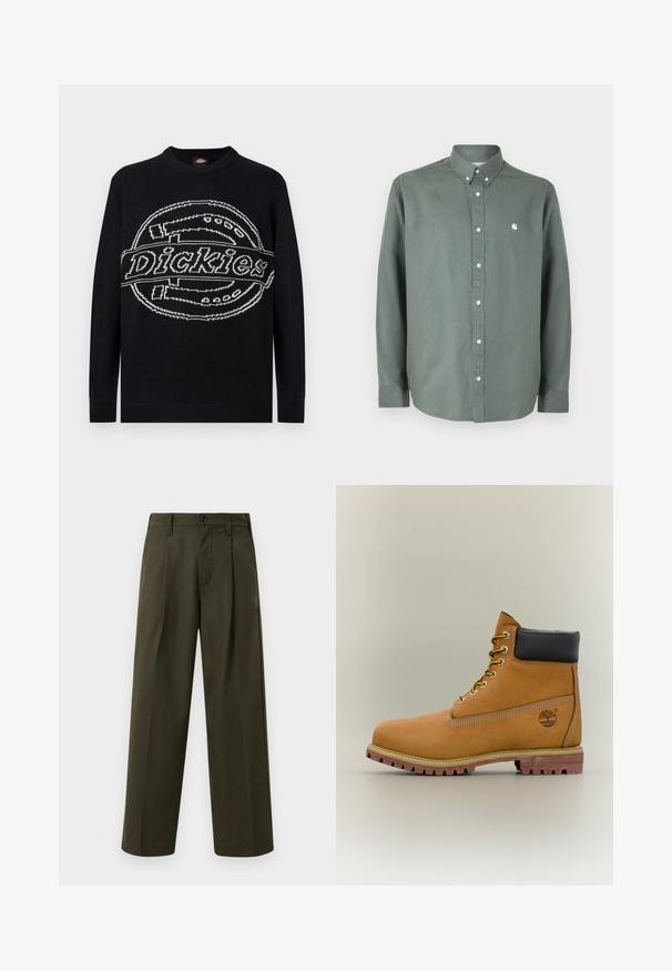 Schwarzer Pullover mit langen Ärmeln und großem weißem Dickies-Logo, das quer über die Brust gestrickt ist, mit gerippten Bündchen und Saum.; Grünes Langarmhemd aus Baumwolle, mit einem Button-Down-Kragen, einer vorderen Knopfleiste und einem kleinen weißen Logo auf der Brust.; Olivgrüne weit geschnittene Hosen aus Baumwolle mit glatter Textur, ausgestattet mit einer Fronttasche, Gürtelschlaufen und einem einzigen Knopfverschluss.; Brauner Leder-Stiefelette mit schwarzem Kragen, gelben Schnürsenkeln und hellbrauner Sohle. Verfügt über ein Logo und weiße Ziernähe. Robuste Profilsohle.