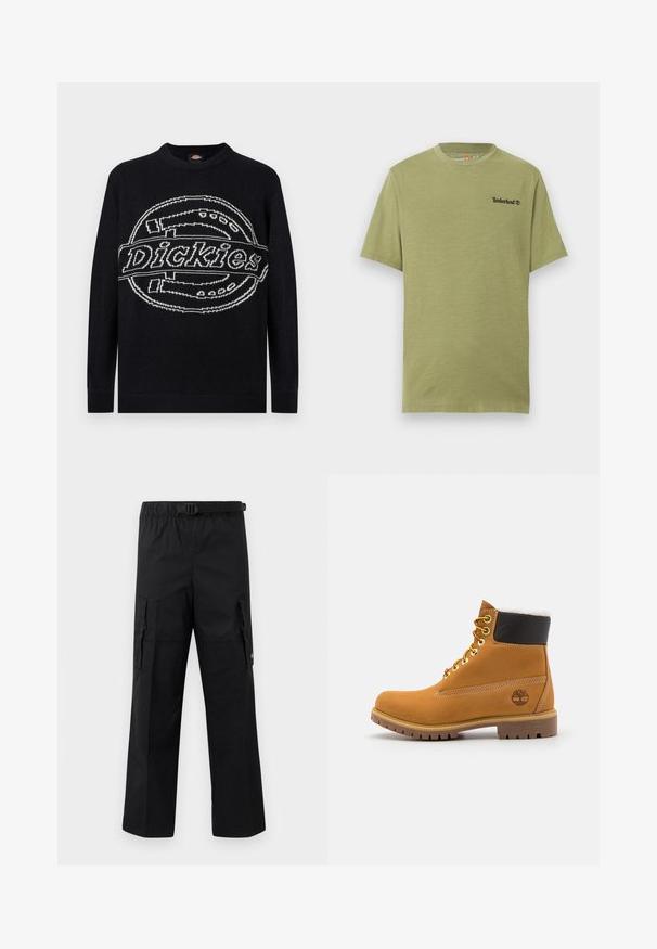 Sort langærmet sweater med stor hvid Dickies-logo strikket tværs over brystet, ribstrikkede manchetter og kant.; Herres olivengrøn T-shirt med korte ærmer og rund halsudskæring samt lille sort Timberland-logo på venstre bryst.; Sorte cargo-bukser med bred ben-design, justerbar talje med spænde og to sidelommer til opbevaring. Letvægtsstof.; Brune læder ankelstøvle med metaløjer, hvid pelsforing, sort polstret krave, robust sål og præget logo på siden.