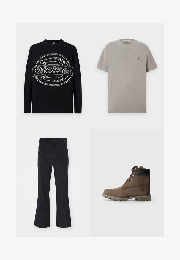 Schwarzer Pullover mit langen Ärmeln und großem weißem Dickies-Logo, das quer über die Brust gestrickt ist, mit gerippten Bündchen und Saum.; Graues Baumwoll-T-Shirt mit kurzen Ärmeln, Rundhalsausschnitt und einem kleinen quadratischen Logo-Patch auf der linken Brust. Glatte Textur und lockere Passform.; Schwarze Cordhosen mit lockerer Passform, klassischem Bund und weit geschnittenen Beinen, weicher Textur und ohne sichtbare Muster oder Akzente.; Braune Leder-Stiefelette mit schwarzem Kragen, Metallösen und robustem grauen Sohlen. Verfügt über ein Logo an der Seite und genähten Details.