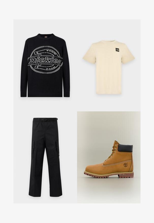 Zwarte trui met lange mouwen en een grote witte Dickies-logo gebreid over de borst, met geribbelde manchetten en zoom.; Beige T-shirt met korte mouwen, gemaakt van katoen, met een klein zwart vierkant logo op de linkerborst. Simpele ronde halslijn.; Zwarte cargobroek met een wijde pasvorm, een verstelbare tailleband met een gesp en twee zijzakken voor opslag. Lichtgewicht stof.; Bruine leren enkellaars met zwarte kraag, gele veters en een zandkleurige zool. Voorzien van een logo en witte stikseldetails. Robuuste loopzool met grip.