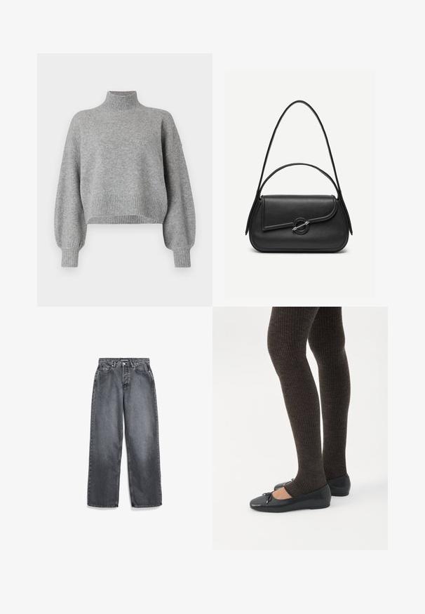 Grijze cropped trui met een hoge halslijn, geribde boorden en zoom, en verlaagde schouders. Zachte textuur met minimale naden.; Donkergrijze rechte jeans met voorzakken, riemlussen, knoop en ritssluiting.; Benen met donkere geribbelde leggings gecombineerd met zwarte ballerina's met kleine strikdetails op een witte achtergrond.; Zwarte leren handtas met afgeronde hoeken, asymmetrische klep, metalen ronde sluiting en zowel korte als lange schouderriemen.