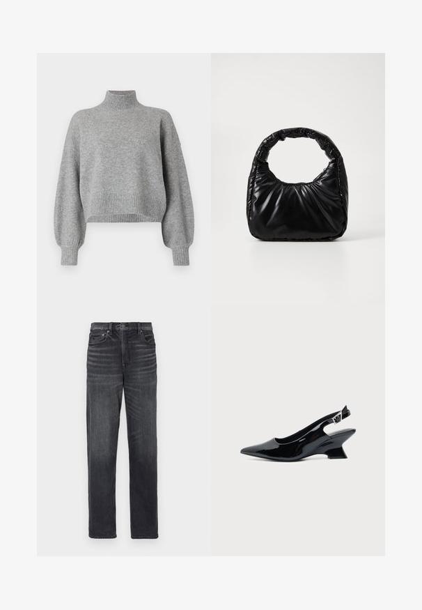 Grå cropped sweater med høj krave, ribbede mansjetter og kant, samt droppede skuldre. Blød tekstur med minimale sømme.; Sorte denim jeans med lige ben, der har forlommer, knaplukning og subtilt slid.; Sort laklæder slingback sko med spids tå og lav vinklet blokhæl på ensartet lys baggrund.; Sort polstret håndtaske med et rundt håndtag, der har en glat, skinnende overflade og en blød, kviltet tekstur. Ingen synlige hardware eller accenter.