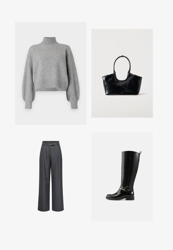 Pull gris court avec un col haut, des poignets et un ourlet côtelés, et des épaules tombantes. Texture douce avec des coutures minimales.; Pantalon large taille haute gris foncé avec passants de ceinture, plis devant et fermeture avant dissimulée.; Bottes noires montantes en cuir verni, avec un détail de boucle argentée à la cheville et une conception à bout arrondi. Semelle plate.; Sac à main en cuir noir brillant avec une grande poignée ovale et un logo subtil à l'avant sur un fond clair uni.