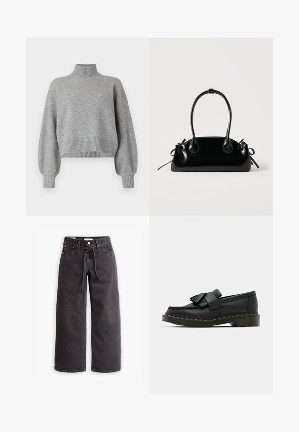 Pull gris court avec un col haut, des poignets et un ourlet côtelés, et des épaules tombantes. Texture douce avec des coutures minimales.; Jeans larges noirs en jean, dotés d'une taille à cordon de serrage, de cinq poches et de détails de couture contrastés. Design à l'avant plat.; Mocassins en cuir noir avec un bout rond, présentant un détail à franges et une bande décorative à l'avant, montés sur un talon épais.; Petit sac à main noir brillant avec deux longues anses et des détails à cordon sur les côtés sur un fond clair uni.