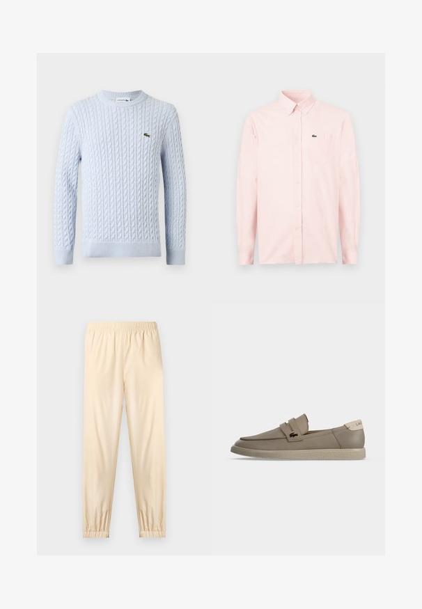Pull à manches longues en maille torsadée bleu clair avec col rond et petit logo crocodile Lacoste vert brodé sur la poitrine.; Chemise rose clair à manches longues avec boutons, poche poitrine et petit logo de crocodile vert sur la poche.; Pantalon beige clair à taille élastique avec poignets froncés, coupe droite et tissu lisse, présenté sur un fond clair uni.; Mocassin beige en cuir sans lacets avec semelle texturée, deux brides sur le dessus et petit logo crocodile sur le côté.