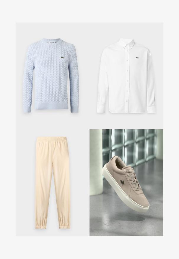 Pull à manches longues en maille torsadée bleu clair avec col rond et petit logo crocodile Lacoste vert brodé sur la poitrine.; Chemise blanche à manches longues avec boutons, col boutonné et petit logo crocodile noir sur la poitrine gauche.; Pantalon beige clair à taille élastique avec poignets froncés, coupe droite et tissu lisse, présenté sur un fond clair uni.; Baskets en daim beige clair avec semelle blanche, design à lacets et logo oiseau noir sur le côté, présentées devant un fond moderne en blocs de verre.