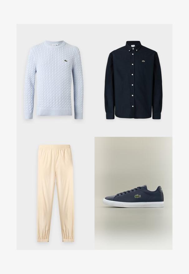Pull à manches longues en maille torsadée bleu clair avec col rond et petit logo crocodile Lacoste vert brodé sur la poitrine.; Chemise noire à manches longues avec boutons blancs, col boutonné et petit logo crocodile vert sur la poitrine gauche.; Pantalon beige clair à taille élastique avec poignets froncés, coupe droite et tissu lisse, présenté sur un fond clair uni.; Baskets basses bleu marine avec semelle blanche, fermeture à lacets à l'avant et logo crocodile vert sur le côté.