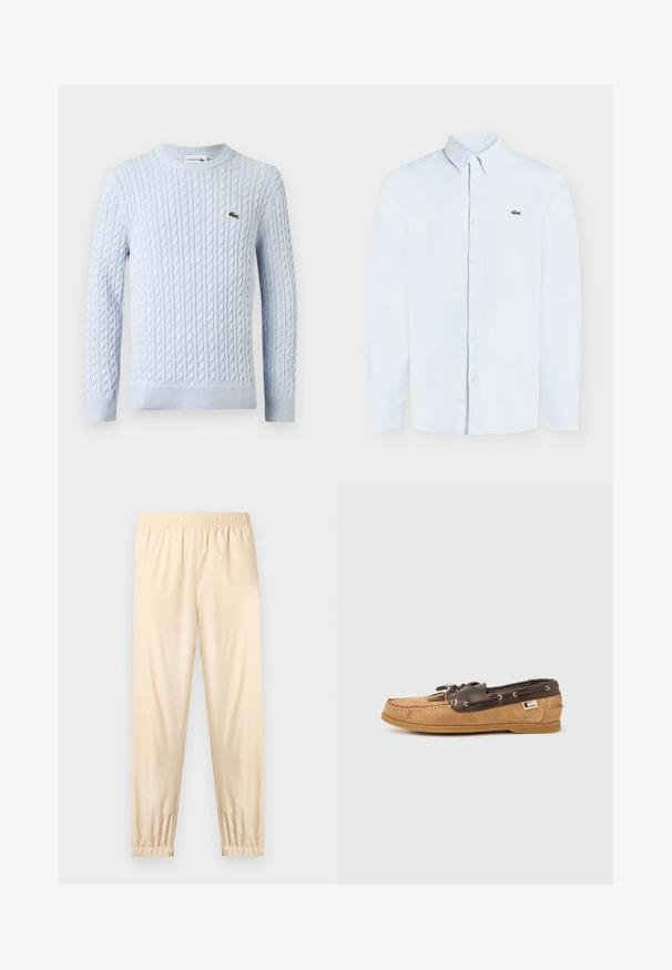 Pull à manches longues en maille torsadée bleu clair avec col rond et petit logo crocodile Lacoste vert brodé sur la poitrine.; Chemise bleu clair à manches longues avec boutons, col boutonné et petit logo crocodile vert sur la poitrine gauche.; Pantalon beige clair à taille élastique avec poignets froncés, coupe droite et tissu lisse, présenté sur un fond clair uni.; Chaussure bateau marron et beige en daim et cuir, avec un laçage, des coutures mocassin, et une semelle en caoutchouc.