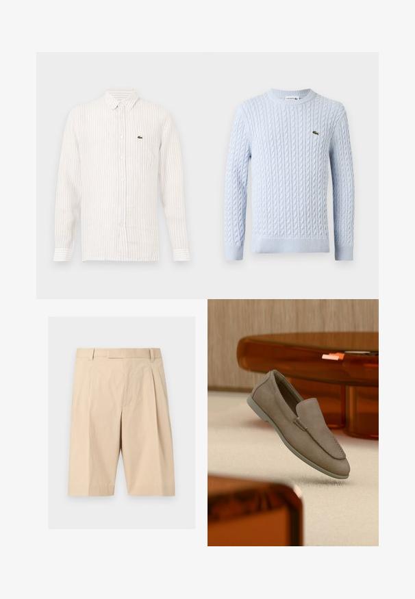 Pull à manches longues en maille torsadée bleu clair avec col rond et petit logo crocodile Lacoste vert brodé sur la poitrine.; Chemise à rayures claires avec des manches longues, col boutonné et un petit logo vert sur la poche gauche de la poitrine. En coton.; Shorts beige mi-long cintrés avec passants pour ceinture, plis à l'avant et fermeture éclair cachée sur le devant.; Mocassin beige en daim à enfiler avec coutures visibles et semelle claire, positionné au-dessus d'un tapis crème, avec un meuble translucide orange en arrière-plan.