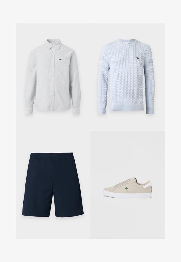 Suéter de punto de manga larga color azul claro con cuello redondo y pequeño logo de cocodrilo Lacoste verde bordado en el pecho.; Camisa de botones a rayas en azul claro y blanco. Tela de algodón, de mangas largas, con cuello puntiagudo, que presenta un pequeño logo verde en el bolsillo del pecho.; Pantalones cortos para hombre de color azul marino con cintura elástica, botón frontal y cierre de cremallera, confeccionados con tela ligera y texturizada.; Zapatilla sintética beige con punta redonda, suela de goma blanca y diseño con cordones. Presenta el logo verde de Lacoste en el lateral y un detalle de contraste en el talón.