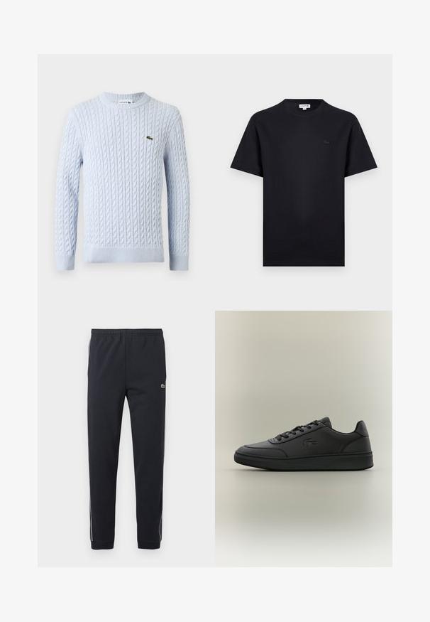 Pull à manches longues en maille torsadée bleu clair avec col rond et petit logo crocodile Lacoste vert brodé sur la poitrine.; T-shirt noir à manches courtes avec col rond, orné d'un petit logo crocodile ton sur ton sur le côté gauche de la poitrine.; Pantalon de sport noir avec taille élastique, jambes fuselées, bandes latérales blanches et petit logo crocodile vert sur la cuisse droite.; Baskets noires en matériau synthétique lisse, avec un design bas, bout rond, système de laçage à l'avant, logo en relief et semelle texturée.