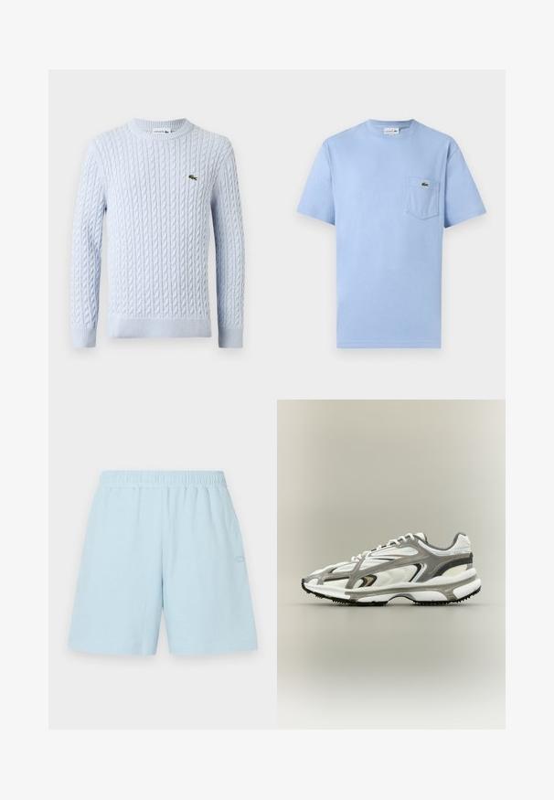 Pull à manches longues en maille torsadée bleu clair avec col rond et petit logo crocodile Lacoste vert brodé sur la poitrine.; T-shirt bleu clair à manches courtes avec une poche avant ornée d'un petit logo crocodile vert Lacoste.; Shorts en coton bleu clair avec une taille élastique et des poches latérales. Présente un détail de logo subtil sur le côté gauche. Design décontracté.; Chaussure de sport avec une tige en mesh blanc, des accents gris, une semelle en caoutchouc noire et un design épuré. Elle présente des lacets et des détails texturés.