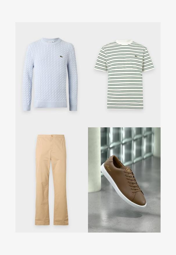 Pull à manches longues en maille torsadée bleu clair avec col rond et petit logo crocodile Lacoste vert brodé sur la poitrine.; T-shirt blanc à manches courtes avec de fines bandes horizontales vert foncé et beige et un petit logo crocodile vert sur la poitrine gauche.; Pantalon en coton beige avec un design à jambe droite, doté d'une fermeture à bouton à l'avant et sans motifs ni accents visibles.; Baskets en cuir marron avec semelle blanche texturée et lacets marron, flottant au-dessus d'un sol en béton lisse près d'un mur en verre brique.