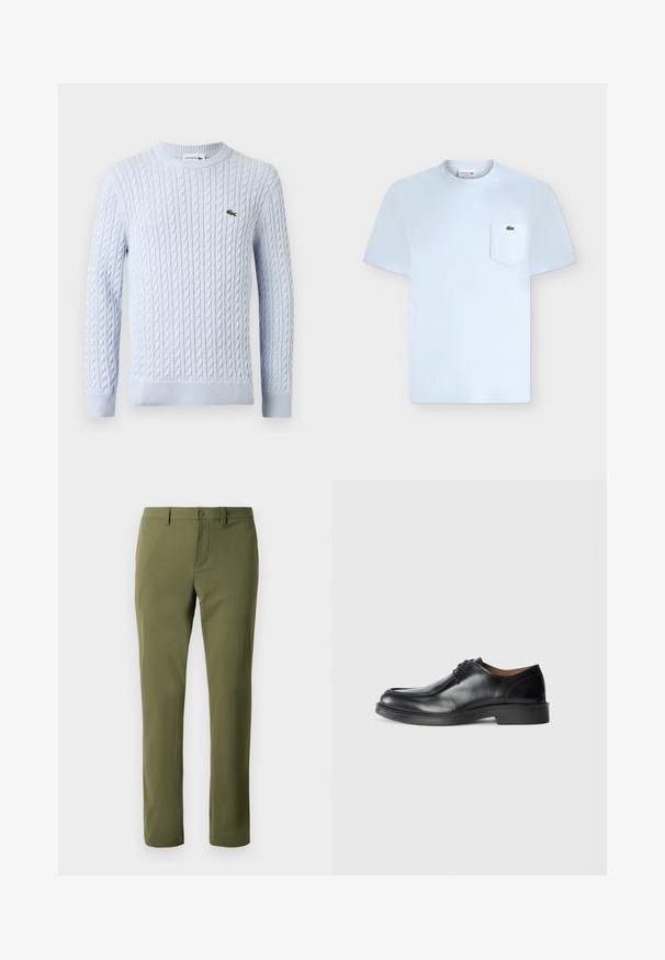 Suéter de punto de manga larga color azul claro con cuello redondo y pequeño logo de cocodrilo Lacoste verde bordado en el pecho.; Camiseta de manga corta azul claro con cuello redondo y un bolsillo en el pecho izquierdo con un pequeño logo verde de cocodrilo.; Pantalones verde oliva hechos de una tela suave con corte recto, que cuentan con cierre de botón y presillas para cinturón. Sin patrones o acentos visibles.; Zapato de vestir de cuero negro con punta redonda, superficie lisa, detalles de cordones y suela de goma texturizada baja. Líneas limpias y diseño minimalista.