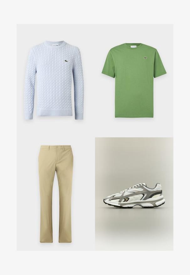 Hellblauer Pullover mit Rundhalsausschnitt, langärmlig und mit Zopfmuster, versehen mit einem kleinen grünen, gestickten Lacoste-Krokodil-Logo auf der Brust.; Grünes kurzärmeliges T-Shirt mit Rundhalsausschnitt und kleinem, gesticktem Lacoste-Krokodil-Logo auf der linken Brust.; Beige Hosen mit flachem Frontdesign, Knopfverschluss und geradem Bein. Hergestellt aus glattem Stoff mit minimal sichtbaren Nähten.; Sportschuh mit einem weißen Mesh-Obermaterial, grauen Akzenten, schwarzer Gummisohle und einem aerodynamischen Design. Verfügt über Schnürsenkel und strukturierte Details.