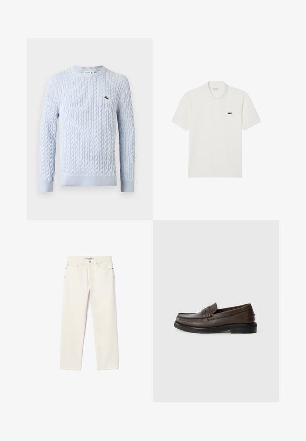 Lichtblauwe kabelgebreide trui met lange mouwen, ronde hals en klein groen geborduurd Lacoste krokodillenlogo op de borst.; Witte polo shirt gemaakt van katoen, met een kraag, drieknopenlijst en een klein geborduurd krokodillenlogo op de linkerborst.; Crème-kleurige denim jeans met een rechte pijp, voorzien van twee voorzakken, een knoopsluiting en subtiele branding nabij de tailleband.; Bruine leren loafer met een gestikte detail op de neus, platte zool en een lage gestapelde hak. Gladde textuur met minimalistische designelementen.