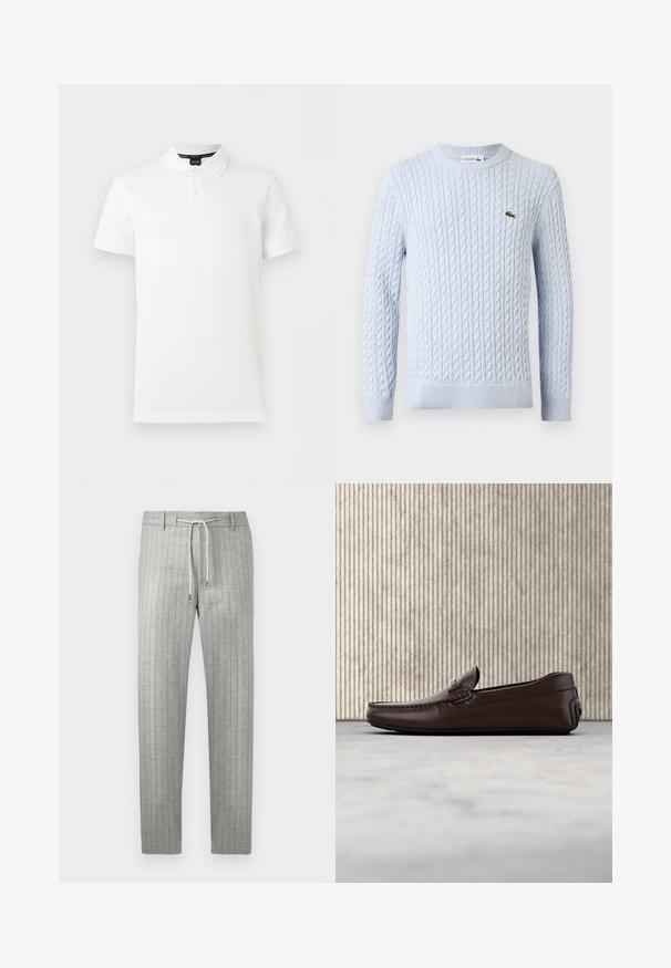 Pull à manches longues en maille torsadée bleu clair avec col rond et petit logo crocodile Lacoste vert brodé sur la poitrine.; Polo blanc à manches courtes avec col et patte à deux boutons, présentant un logo subtil sur le côté gauche de la poitrine.; Pantalon gris clair à rayures avec une coupe droite, une taille à cordon de serrage et un tissu subtilement texturé. Présente des fines rayures verticales pour plus de détails.; Mocassins en cuir marron avec une finition lisse, des coutures de style mocassin, un bout rehaussé et une semelle en caoutchouc basse et flexible.