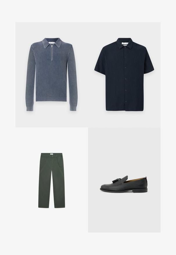 Suéter de punto acanalado en azul marino oscuro con cuello de solapa y cierre de media cremallera. Mangas largas y puños ajustados detallan el diseño.; Camisa negra de manga corta con botones, con sutiles rayas verticales texturizadas y cuello clásico, mostrada sobre un fondo blanco liso.; Pantalones de algodón verde oscuro con un diseño de pierna recta, bolsillos frontales y cierre de botón en la cintura. Textura suave, sin patrones.; Mocasín negro de cuero para hombre con borlas, punta redonda, tacón bajo y pestaña para tirar en la parte trasera, mostrado de perfil lateral sobre un fondo gris claro.