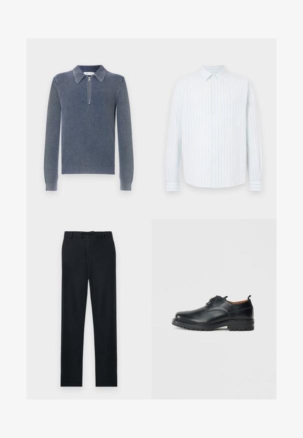 Suéter de punto acanalado en azul marino oscuro con cuello de solapa y cierre de media cremallera. Mangas largas y puños ajustados detallan el diseño.; Camisa de manga larga con botones, con rayas verticales en azul claro y beige, un bolsillo en el pecho y un cuello clásico.; Pantalones negros de material ligero, con corte recto, cintura ajustable con cordón y dos bolsillos laterales.; Zapatos derby de cuero negro con una textura suave, punta redondeada, diseño de cordones y una suela de goma gruesa y resistente.