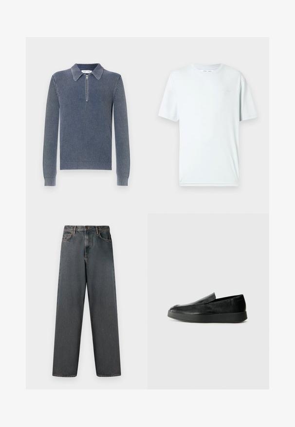 Ribstrikket pullover i mørk marineblå med en krave og en halv lynlås lukning. Lange ærmer og tætsiddende manchetter detaljerer designet.; Lyseblå bomuld t-shirt med rund hals, korte ærmer og minimalistisk broderet logo på brystet. Glat tekstur, enkelt design.; Mørkegrå denimjeans med lige ben, fem lommer og en knap- og lynlås-lukning. Stofmet har diskret falming og syninger.; Calvin Klein HYBRID CUP - Loafers - triple black