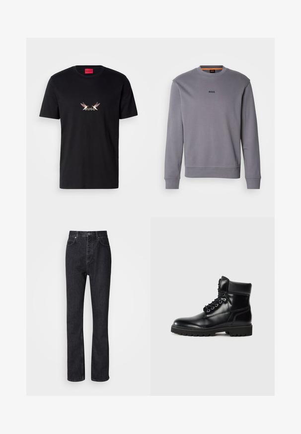 Grå sweatshirt i bomuld med rund halsudskæring, ribbede manchetter og nederste kant, med et lille "BOSS" logo på fronten.; Sort bomulds T-shirt med et frontgrafik, der viser ordet "HUGO" samt to stiliserede fugledesigns i lyse og mørke farver.; Høj talje sorte denim jeans med knap- og lynlåsåbning, for- og baglommer samt lige ben.; Sort læder ankelstøvle med en blank finish, snørelukning, polstret krave og en robust gummisål med skridgreb.