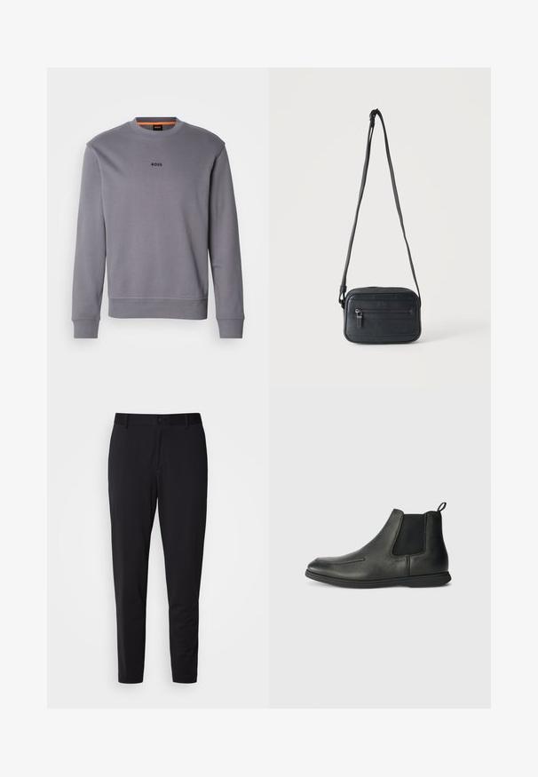 Grauer Sweatshirt aus Baumwolle mit rundem Halsausschnitt, gerippten Bündchen und Saum, mit kleinem "BOSS"-Logo auf der Vorderseite.; Schwarze Hose aus strukturiertem Stoff, mit geradem Schnitt, normalem Bund mit einem Knopf und seitlichen Taschen.; Schwarze Leder-Ankle-Boots mit glatter Textur, elastischen Seitenpanelen und einer Zuglasche auf der Rückseite. Rundspitze und Gummisohle.; Schwarze Umhängetasche mit vorderer Reißverschlusstasche, strukturierter Oberfläche und verstellbarem Riemen, die vor einem schlichten hellen Hintergrund hängt.