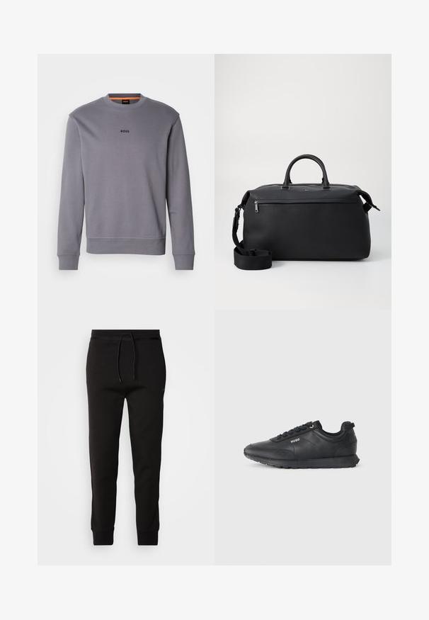 Grijze sweatshirt van katoen met een ronde halslijn, ribgebreide boorden en zoom, met een klein 'BOSS' logo op de voorkant.; Zwarte joggingbroek van een zachte katoenmix, met een trekkoord in de taille, taps toelopende pijpen en geribde manchetten. Kleine logo-accent aan de zijkant.; Zwarte lage sneaker met vetersluiting aan de voorkant, getextureerde details en het "HUGO" logo op de zijkant, weergegeven in profiel op een witte achtergrond.; Zwarte leren reistas met twee bovenhandvaten, een afneembare schouderband en een ritsvak aan de voorkant voor extra opbergruimte.