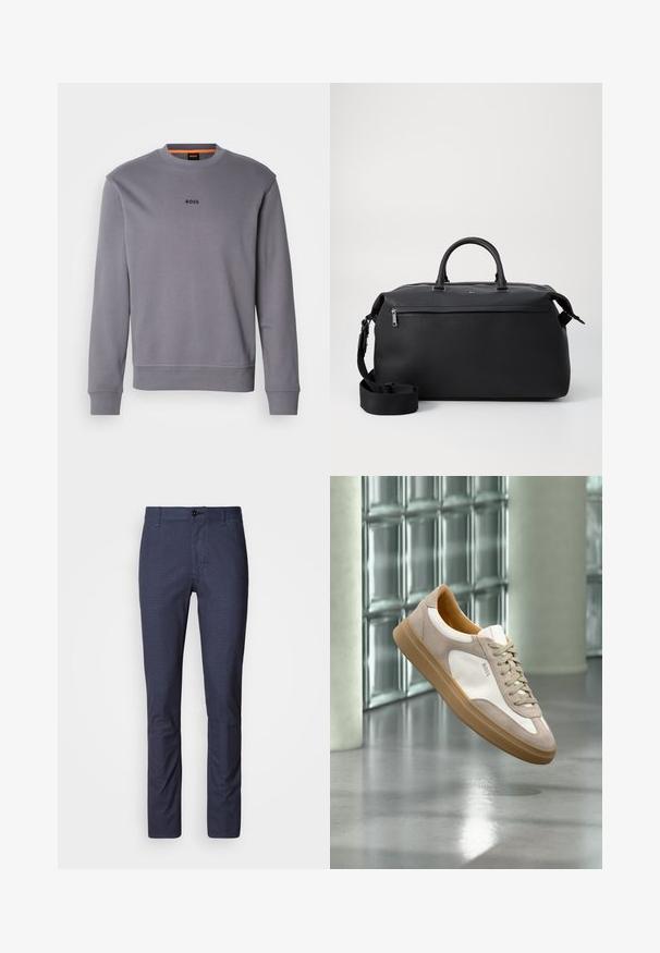 Harmaa puuvillaneule, jossa on pyöreä pääntie, ribbaatut hihansuut ja helma, ja etuosassa pieni "BOSS"-logo.; Tummansiniset housut slim fit -leikkauksella, joissa on hienovarainen tekstuurimalli, nappikiinnitys ja perinteiset taskut. Sileä kangaspinta.; Beige ja valkoinen lenkkari, jossa on ruskea pohja ja "BOSS"-logo, roikkuen heijastavan sileän lattian yläpuolella, taustalla lasiharkkoseinä.; Musta nahkainen matkalaukku, jossa on kaksi yläkahvaa, irrotettava olkahihna ja vetoketjullinen etutasku lisätilaa varten.