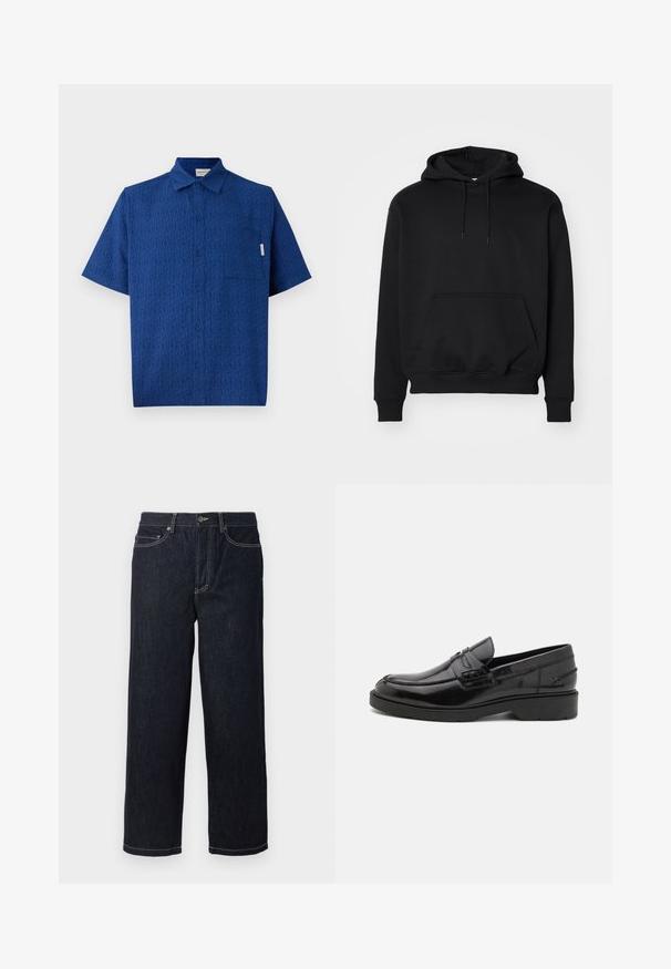 Sudadera negra con capucha, hecha de una suave mezcla de algodón, cuenta con un bolsillo canguro, capucha con cordón, puños acanalados y un corte relajado.; Camisa azul de manga corta hecha de una tela texturizada que presenta un patrón sutil, con botonadura frontal y un solo bolsillo en el pecho.; Jeans de mezclilla de pierna recta en azul oscuro, con cinco bolsillos y costuras en contraste blancas, cierre de botón y trabillas para el cinturón.; Mocasines de cuero negro con un acabado suave, punta redondeada, tacón bajo y costura decorativa en la parte delantera. Suela de goma para mayor agarre.